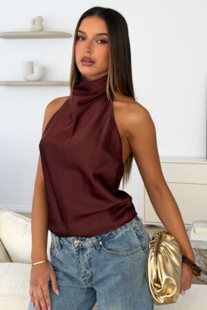 Watch And Learn Satin Halter Top Dark Chocolate